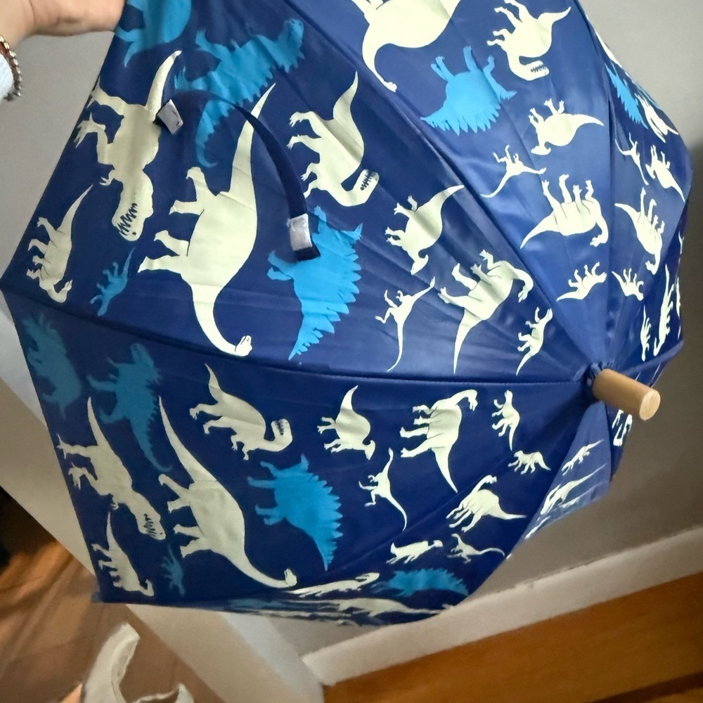 Hatley Kids Dinosaur Umbrella Blue Wooden Handle Manual Open Rain Umbrella